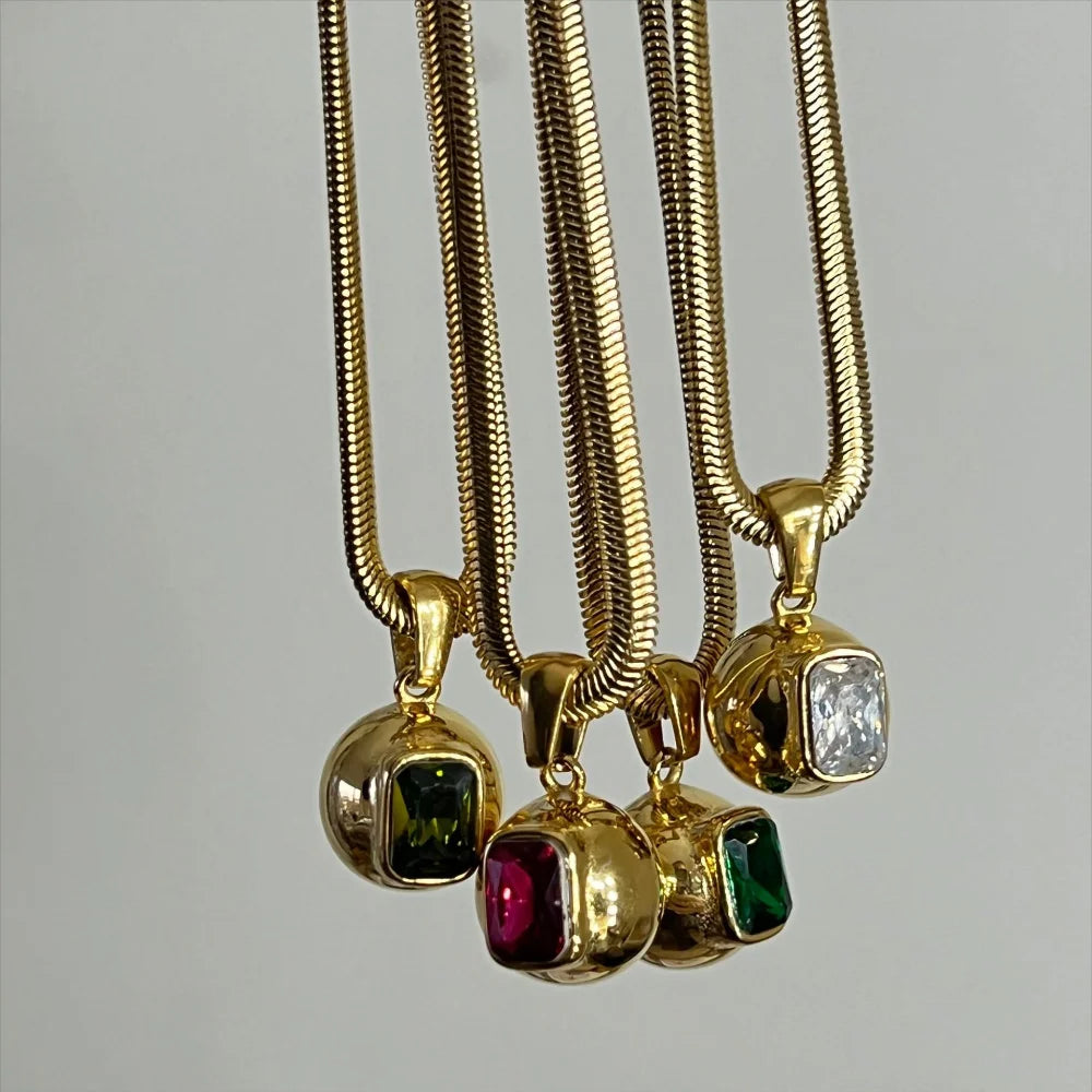 PVD Gold Plated Rock Square Green Crystal Pendant