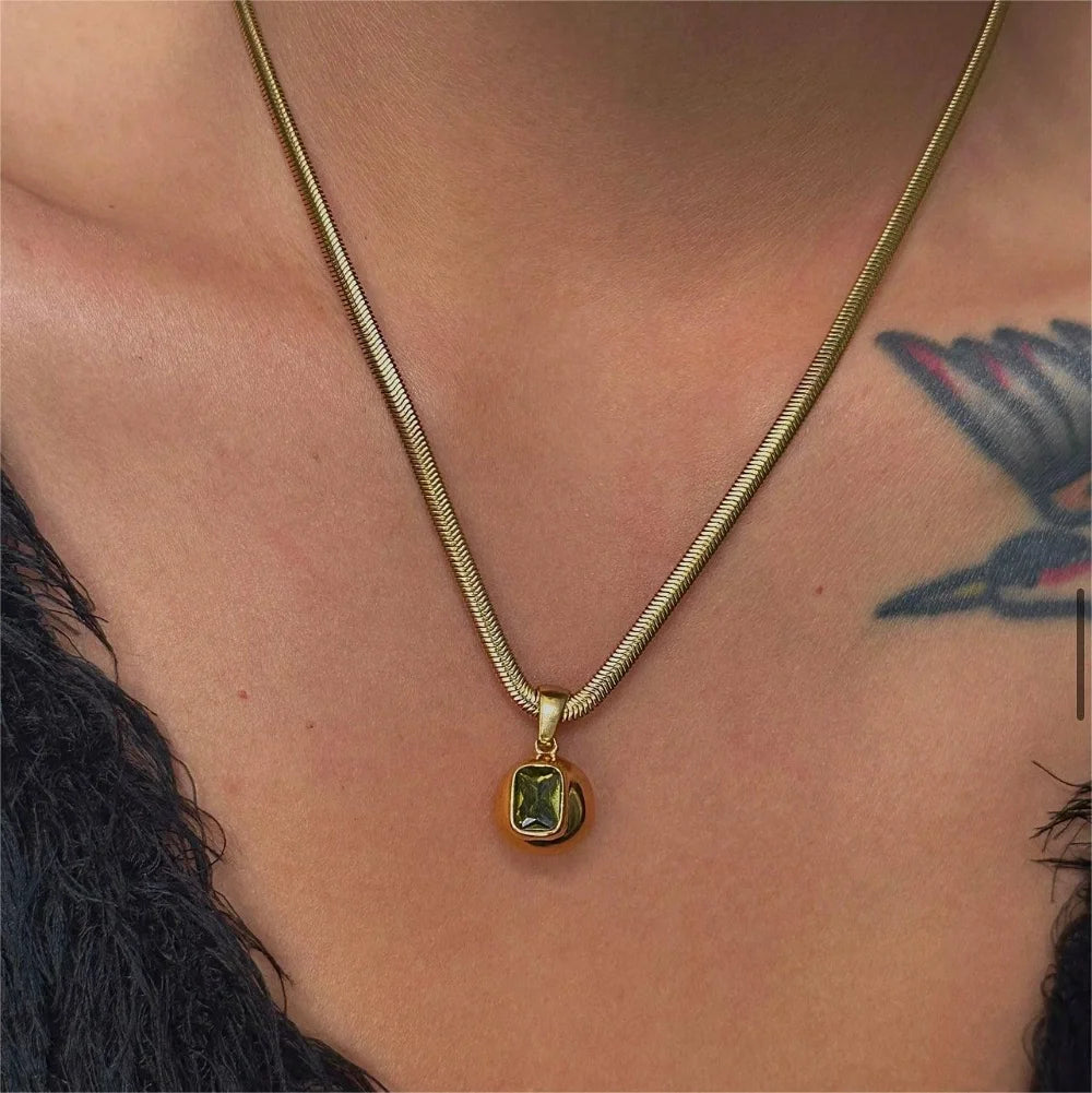PVD Gold Plated Rock Square Green Crystal Pendant